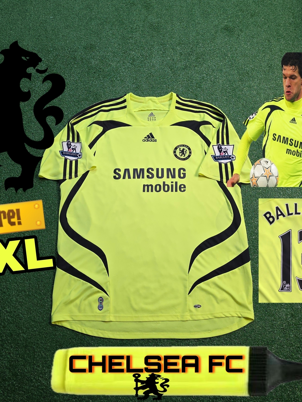 Adidas Chelsea FC Neon Yellow Michael Ballack #13 2007/2008 Away Jersey EPL Patc